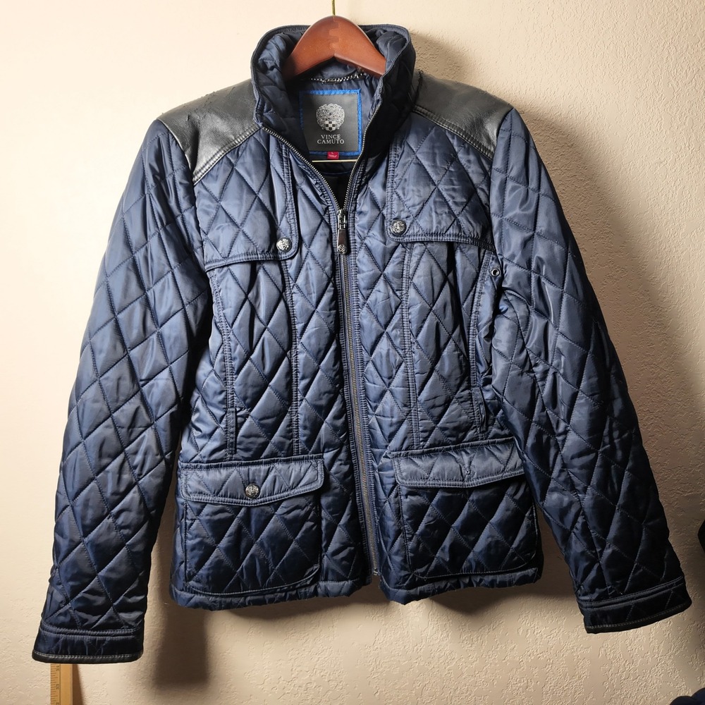 Vince‎ Camuto Quilted Faux Leather Trim Jacket Navy Blue Womens Size L